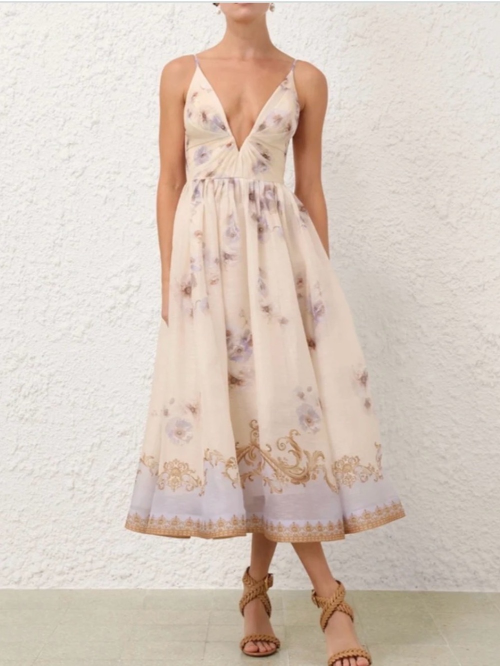 Zimmermann Hypnotic Cream Floral V-Neck Midi Dress AU 0 / US 4 NWT